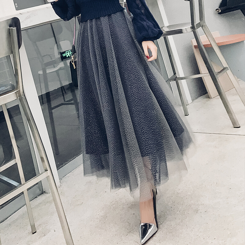 高腰网纱半身裙女中长款2018春装新款韩版百搭时尚半身长裙百褶裙蓝色