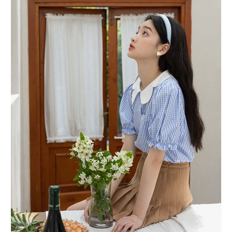 2022夏季新款复古蓝色条纹花瓣领衬衫上衣女图片