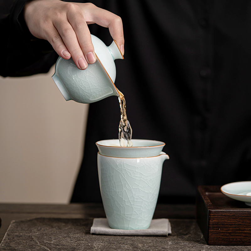 苏氏陶瓷(SUSHI CERAMICS)汝窑卵青 开片可养金线三才盖碗8茶杯高档礼盒装