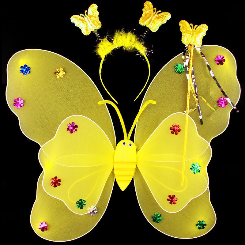 儿童发光蝴蝶翅膀玩具粉色蓬蓬纱裙三件套小女童公主天使翅膀装饰黄色