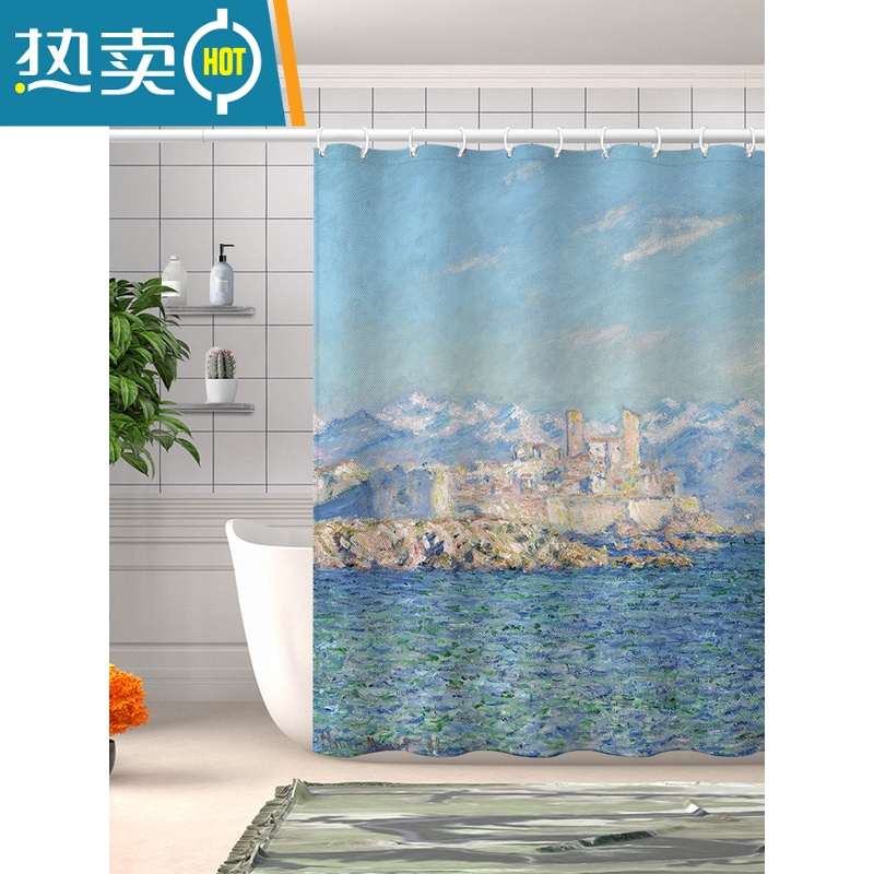 XIANCAI免打孔莫奈油画防水浴帘客厅插画挂帘卫生间隔断浴室淋浴挡水高清大图