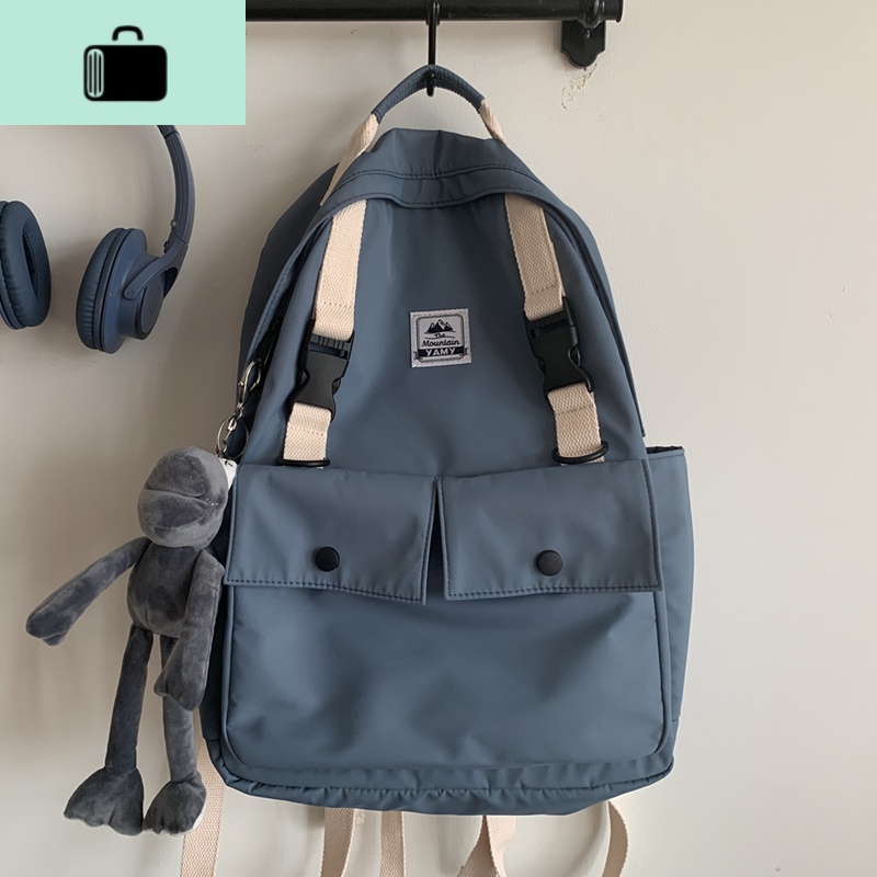 双肩包女中学生初中生百搭古着感背包大学生14寸电脑包大容量书包NEWLAKE 雾霾蓝单层版带灰蛙挂件