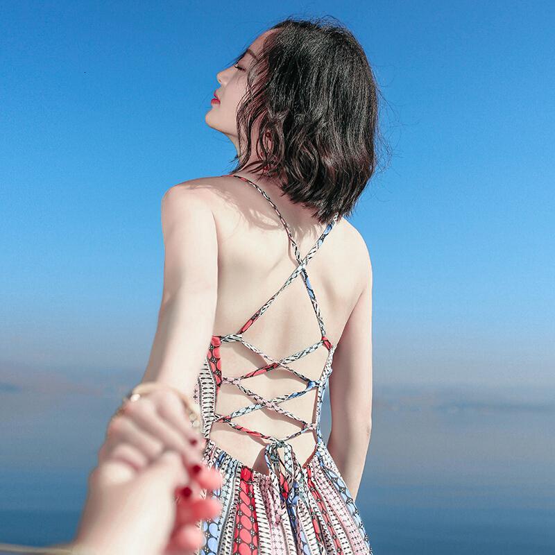2017夏季新品女装条纹露背带雪纺连衣裙波西米亚长裙海边度假沙滩裙图片色