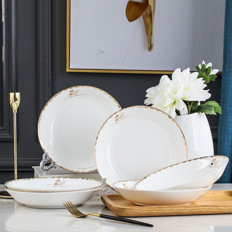 玉莱雅高档骨瓷6个盘子家用批发盘子菜盘子家用盘子碗套装8英寸洁白