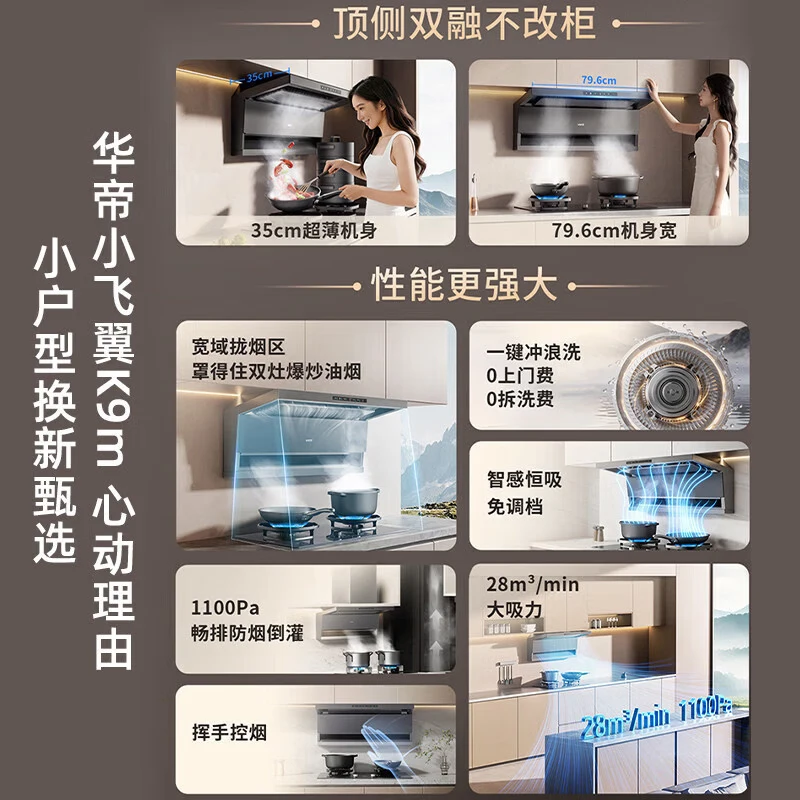 华帝[小飞翼K9M]超薄顶侧双吸力28m³风量自清洗油烟机燃气灶 [K9M+123]小尺寸烟灶套装30号晚八限时抢购!高清大图