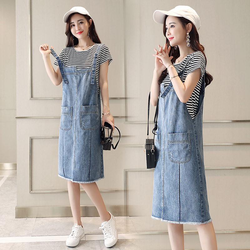 小清新矮个子网红女神范时尚心机套装条纹上衣配牛仔裙两件套女夏