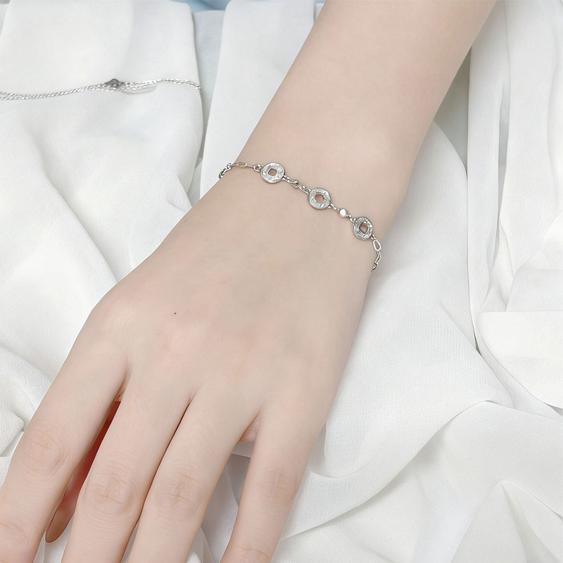 北京黄金足银999三铜钱手链国风招财纳福银手链送礼礼物 银色