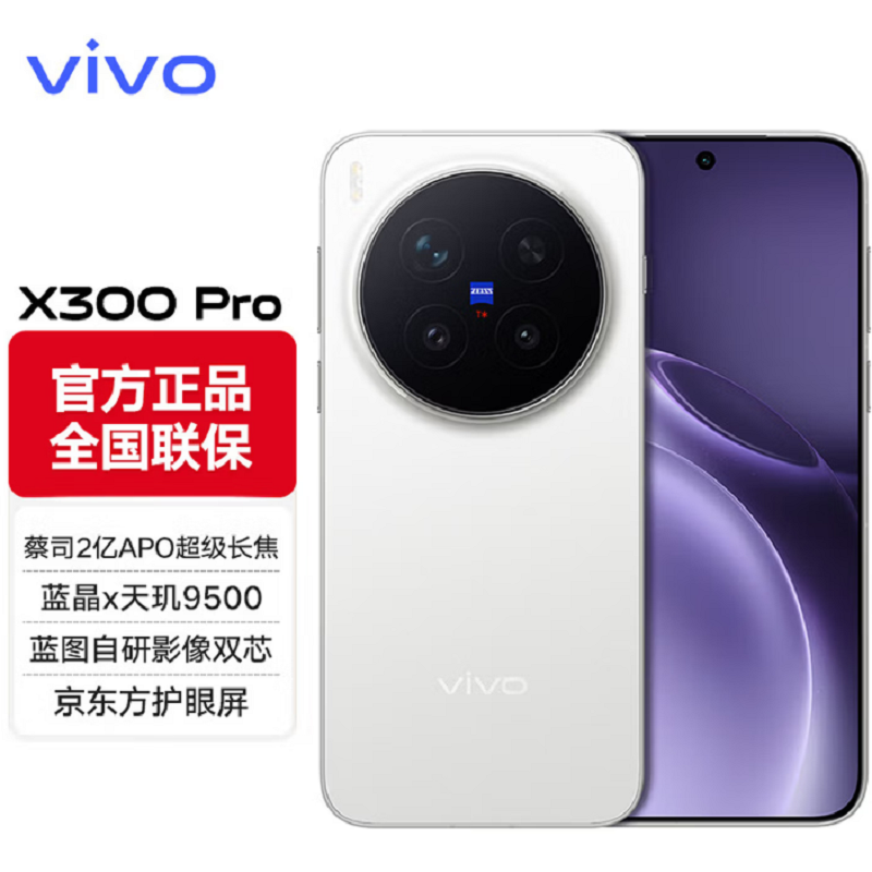 vivo X300 Pro 简单白 16GB+512GB 蓝晶×天玑9500芯 大电池 90W快充 支持无线充电 蔡司超级潜望长焦 拍照 AI手机高清大图