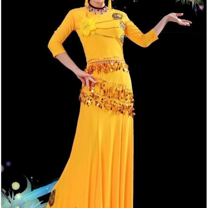 傣族长袖舞蹈演出服装孔雀舞蹈服装女成人傣族裙子表演鱼尾裙新款黄色