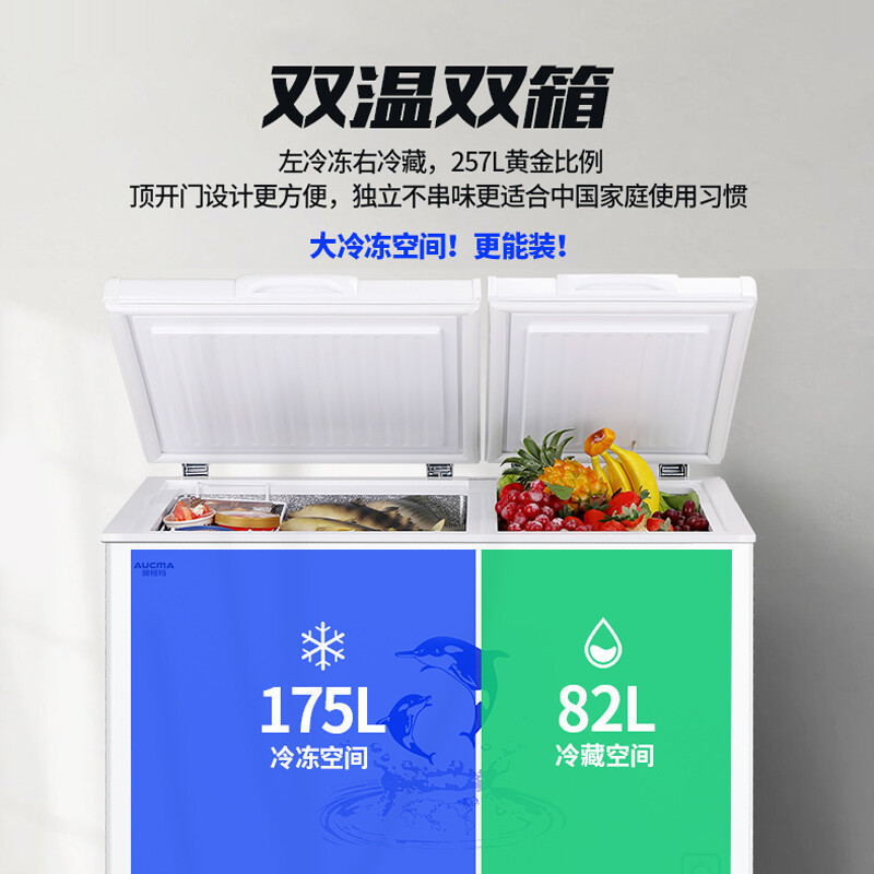 澳柯玛(Aucma)冰柜BCD-257CHN257升家用冷柜卧式双温冰柜 商用超市冷冻冷藏双用大冷柜1级能效