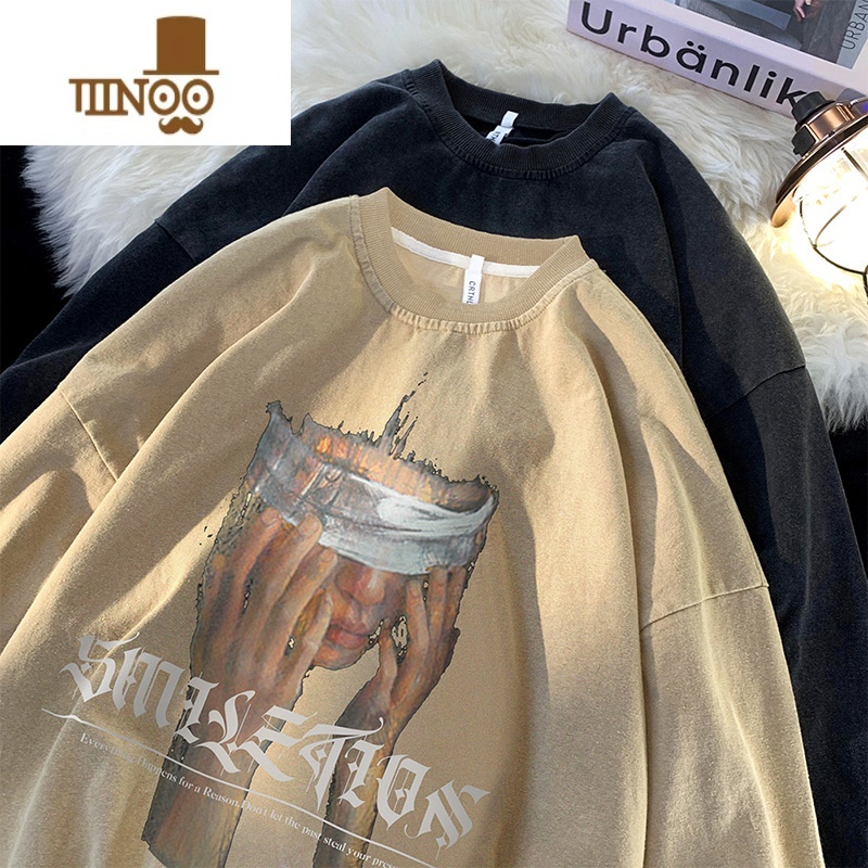 YANXU卫衣男美式水洗做旧圆领长袖t恤宽松潮牌hiphop潮潮iA高清大图