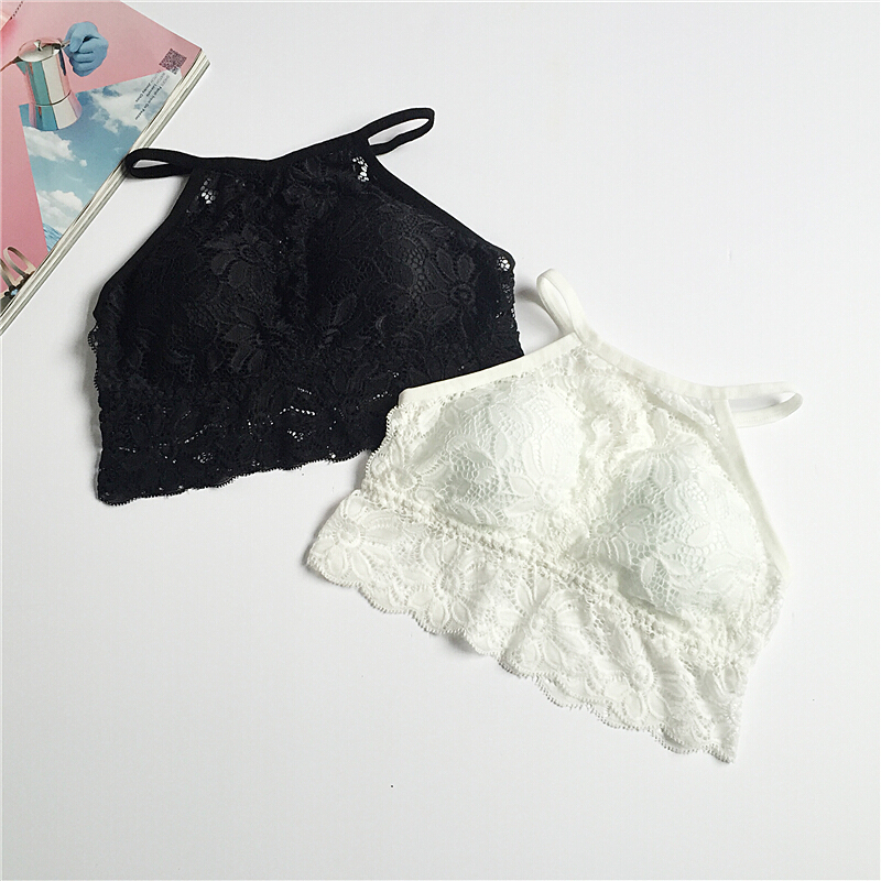 黑色蕾丝抹胸女性感少女挂脖带裹胸文胸短款学生打底内衣白色单件均码