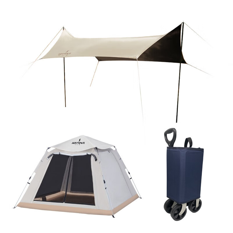 Hodtown 何大屋四面露营帐篷HDW1504+传奇小镇黑胶天幕HDW1524+ 聚拢露营手推车 HDW1617