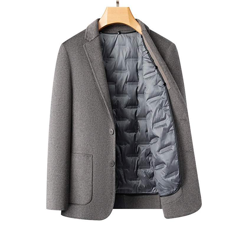 男式羽绒西装秋冬新款双面呢羊毛西装潮流脱卸羽绒内胆羊毛男西服