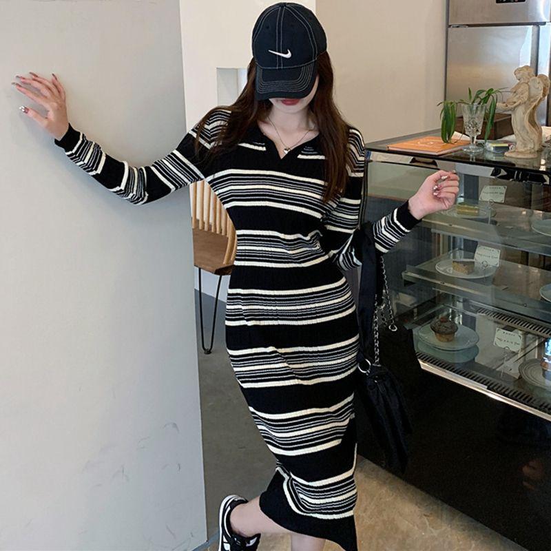 权小威 复古条纹针织连衣裙女春秋新款配大衣的直筒polo显瘦气质打底长裙