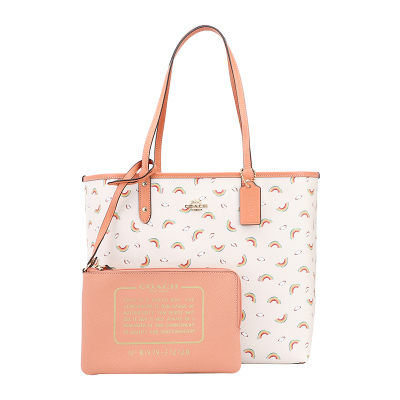 COACH 蔻驰 奢侈品 欧美时尚女士手提包白色彩虹款皮革手提单肩双面托特包