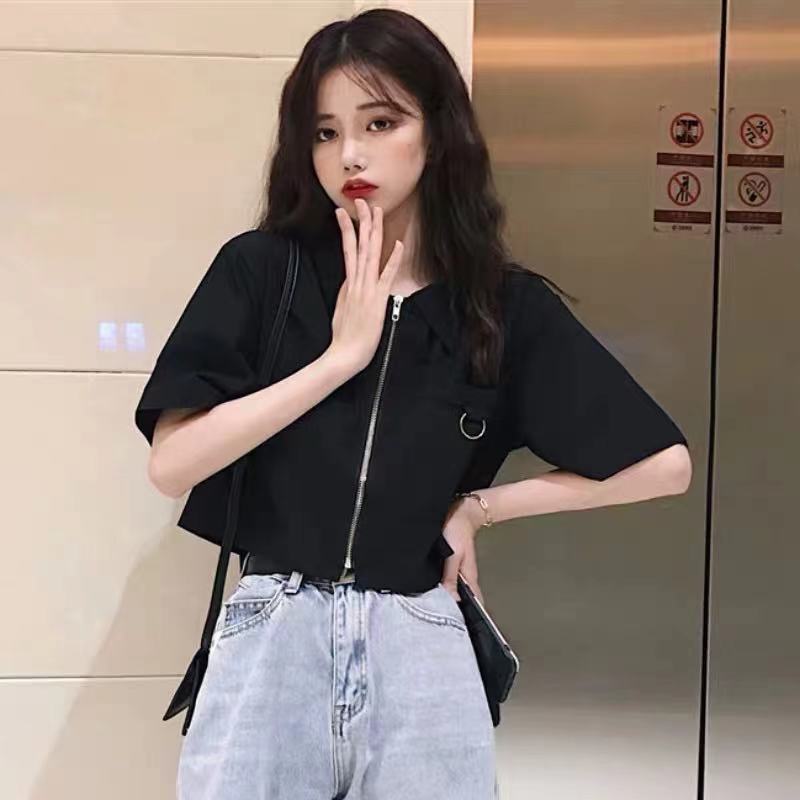 秋壳白色短袖衬衫女夏季学生工装别致上衣设计感小众polo衫短衬衣