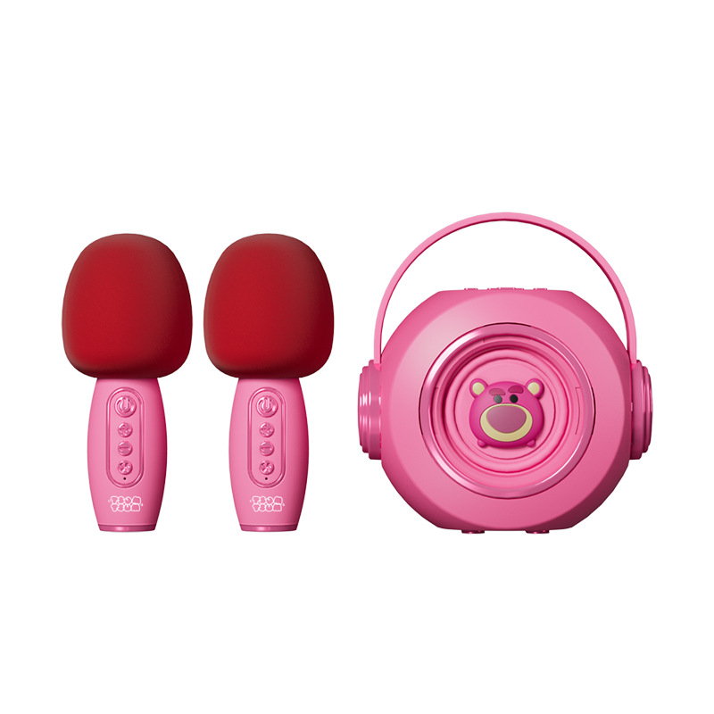 新款K歌智能蓝牙音响AI语音插卡无线麦克风音箱创意礼品 草莓熊+双麦