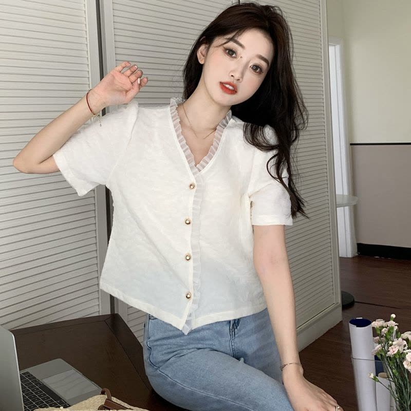 法式小众设计感杏色上衣女木耳边V领气质显瘦衬衫图片