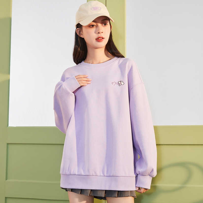 [1.5折价65元]唐狮秋季新款女卫衣紫色圆领宽松设计感甜美图案上衣小个子