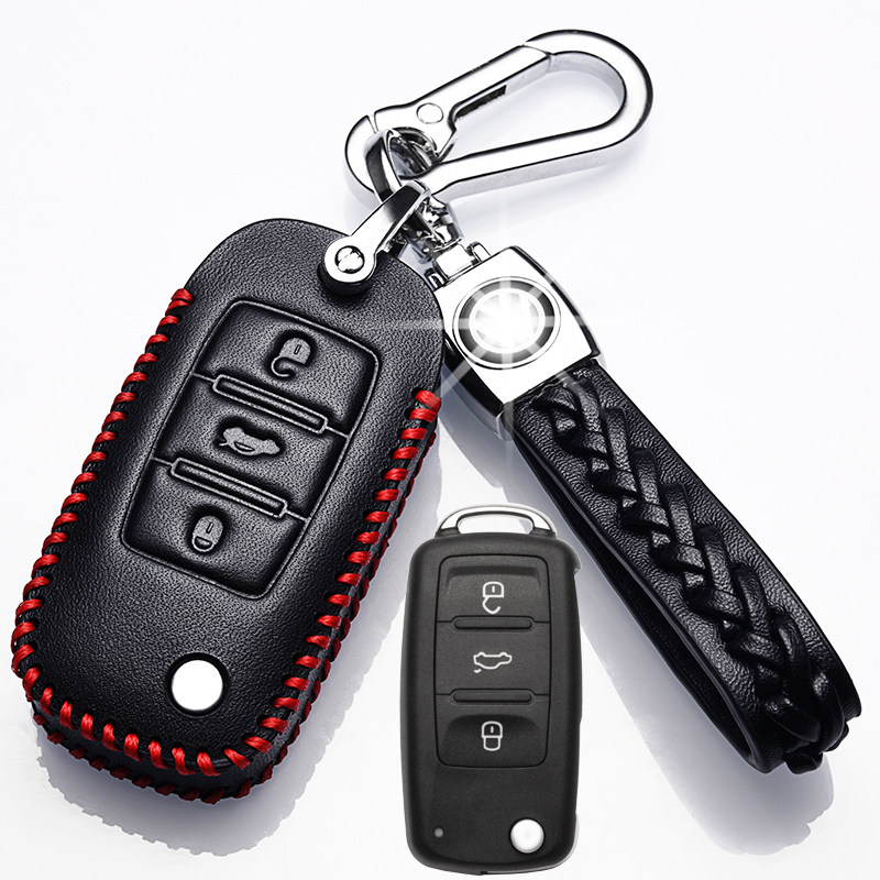 【补贴10%】大众新朗逸plus钥匙套全新宝来速腾途观L高尔夫专用真皮钥匙包扣汽车钥匙包 大众E款黑红色+绳扣（一键启动）