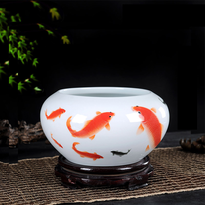 陶瓷器笔洗养鱼盆装饰品摆件小鱼缸乌龟盆碗莲水培缸（年年有鱼中号）