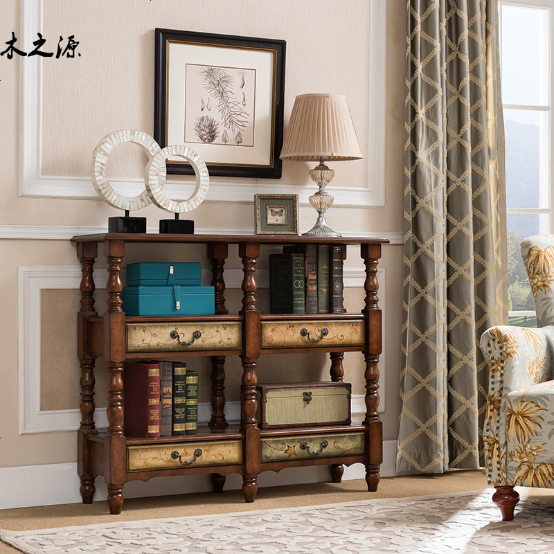 美式家用乡村彩绘裂纹书房书架储物架 厅走廊装饰架 餐厅餐边柜高清大图