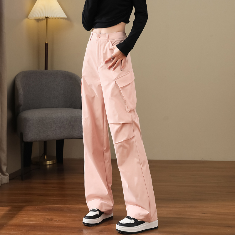 唐狮粉色工装裤女20223春秋新款美式大口袋休闲阔腿长裤wp_07736 樱花粉1 L