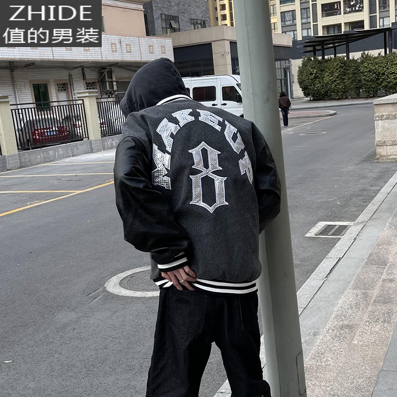 SUNTEKvibe风五角星8号棒球服男暗黑美式高街宽松皮质夹克拼接情侣外套夹克高清大图