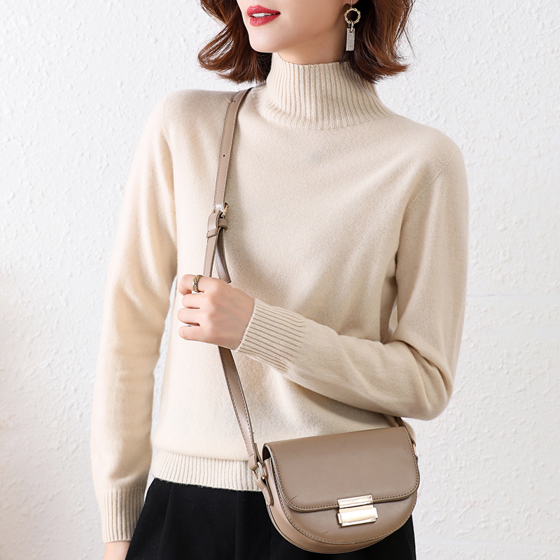 新款100纯羊毛衫高端大牌羊绒衫女秋冬季毛衣新款百搭高领毛衣时尚洋气上衣针织上衣服打底衫女内搭大码显瘦洋气毛衣女 米驼 L