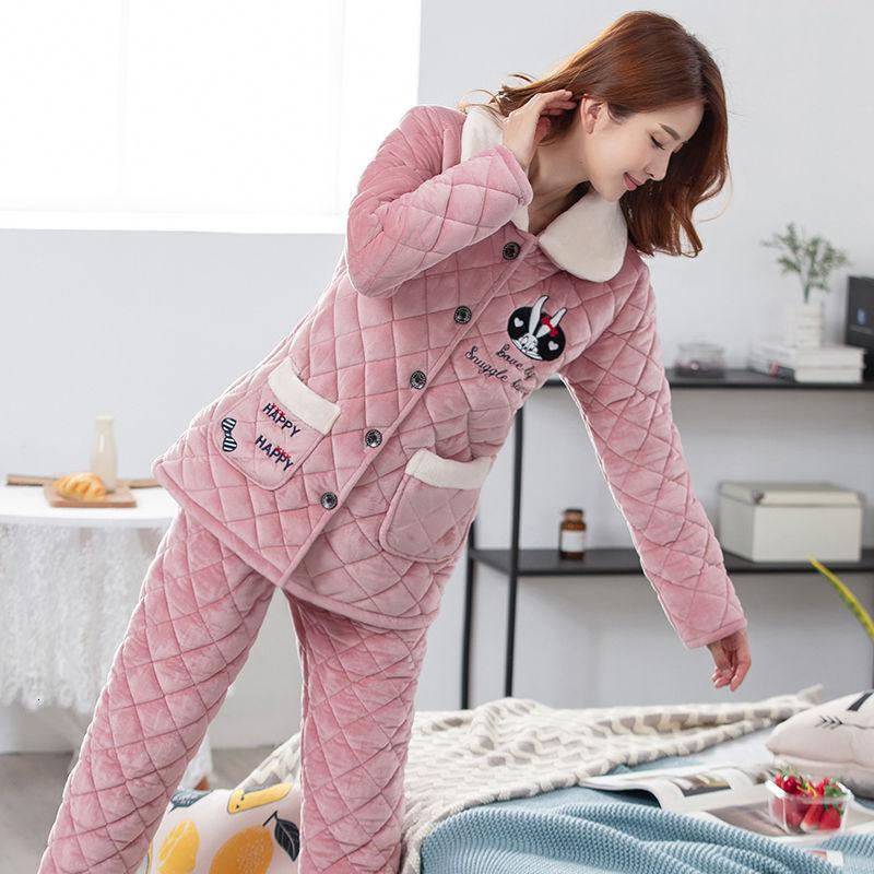 波迷娜bomina冬款珊瑚绒三层夹棉袄睡衣女冬季加厚加绒超保暖冬天中长