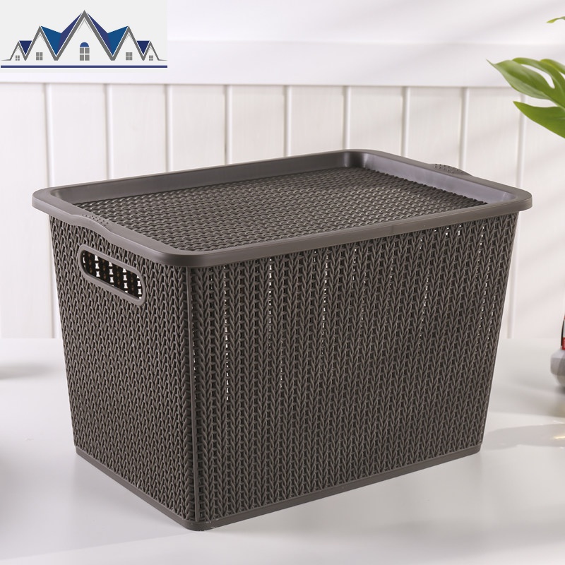 仿藤编收纳篮塑料收纳筐有盖储物篮镂空水果框子零食收纳盒整理 三维工匠 大号-咖啡色