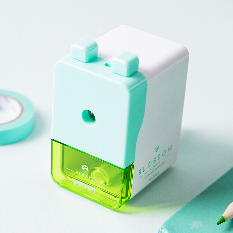 得力deli0744手摇转笔刀削笔器简约韩国风小清新创意卡通可爱自动铅笔刀多功能卷笔刀文绿色