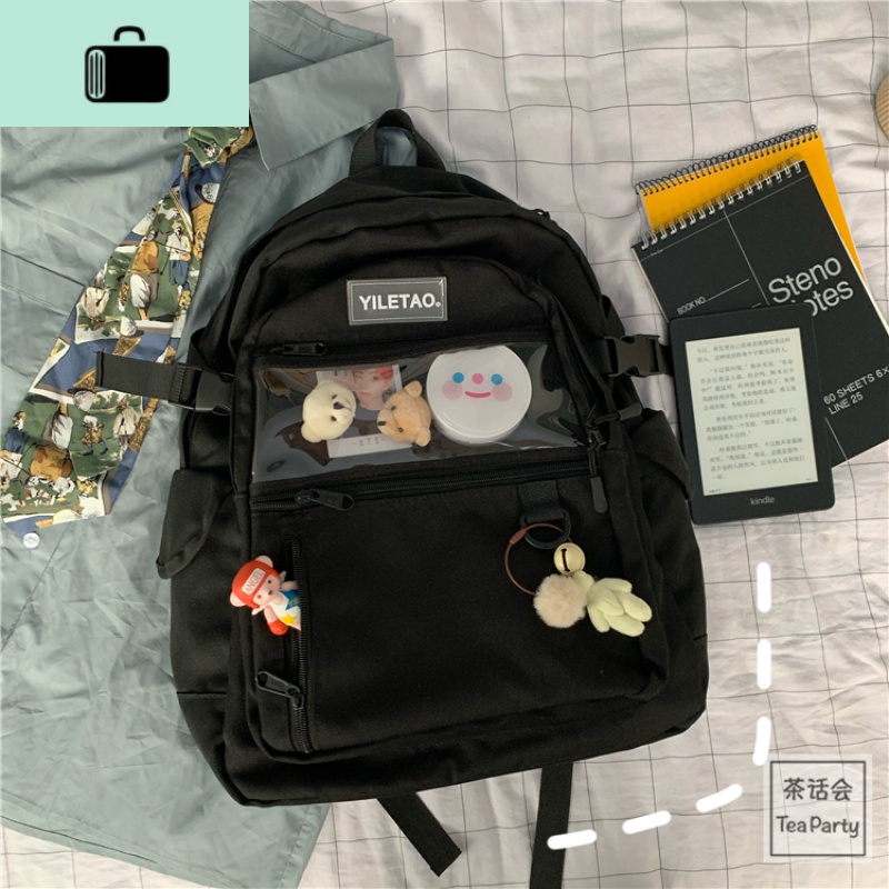茶话会日系原宿书包女 韩国ins高中学生街拍工装双肩包男旅行背包NEW LAKE 黑色加铃铛熊