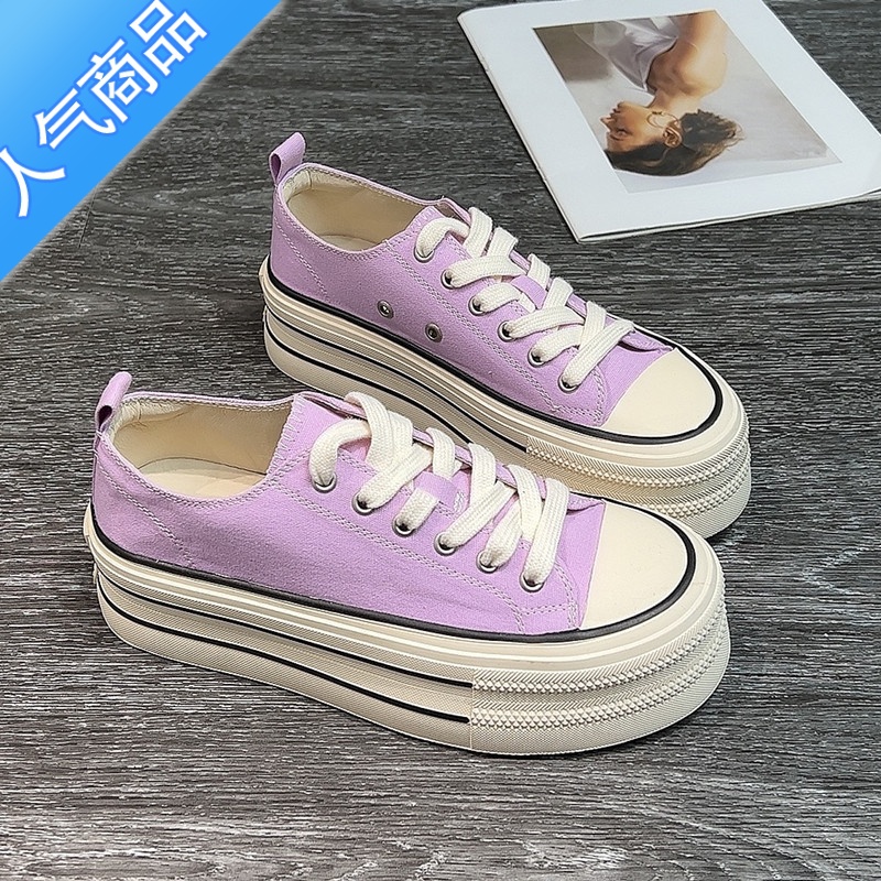 SUNTEK粉色厚底帆布鞋女2023春夏新款增高软底低帮板鞋黑色百搭学生布鞋高清大图