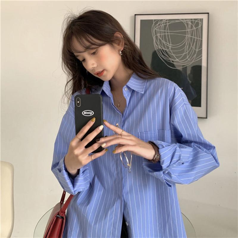 蓝色条纹衬衫女春秋新款韩版宽松设计感小众百搭洋气翻领外穿上衣蓝色