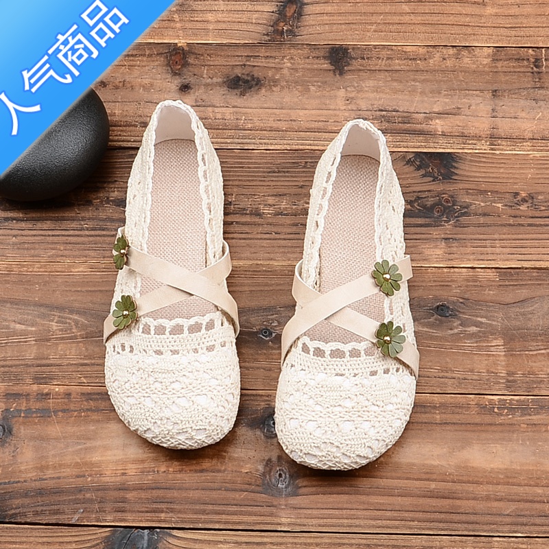 SUNTEK夏季新款包头凉鞋女森女文艺复古浅口软底单鞋透气女鞋网布渔夫鞋高清大图