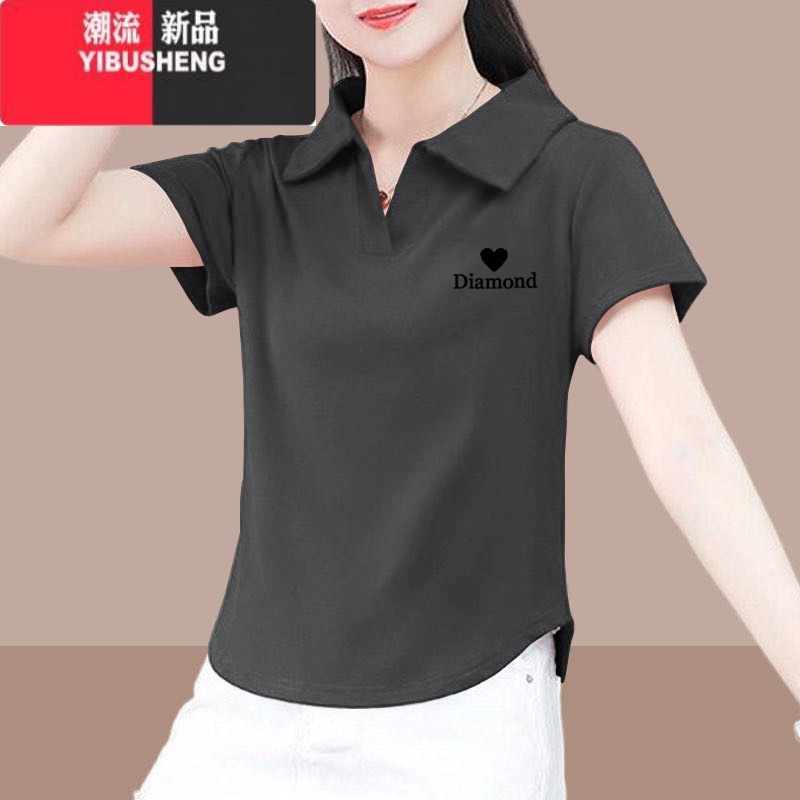 YIBUSHENG短袖t恤女季2024新款修身显瘦不规则小个子短款polo领上衣高清大图