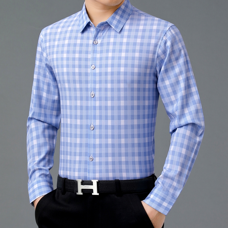 正品庄吉男士长袖衬衫休闲冰丝衬衣男桑蚕丝爸爸装中年宽松小方格