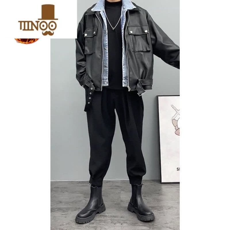 YANXU潮男前线[套装]2023帅气百搭假皮衣外套痞帅翻领皮夹克图片