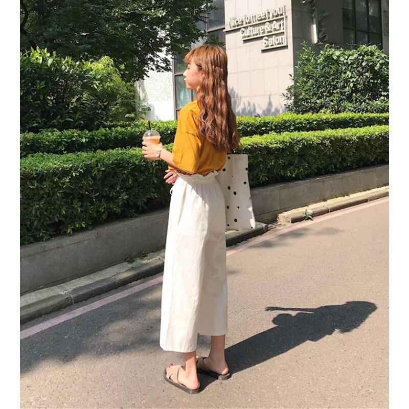 韩版时尚休闲套装夏季女装高腰显瘦阔腿休闲九分裤+短袖T恤两件套lm 黄T+白裤子 均码