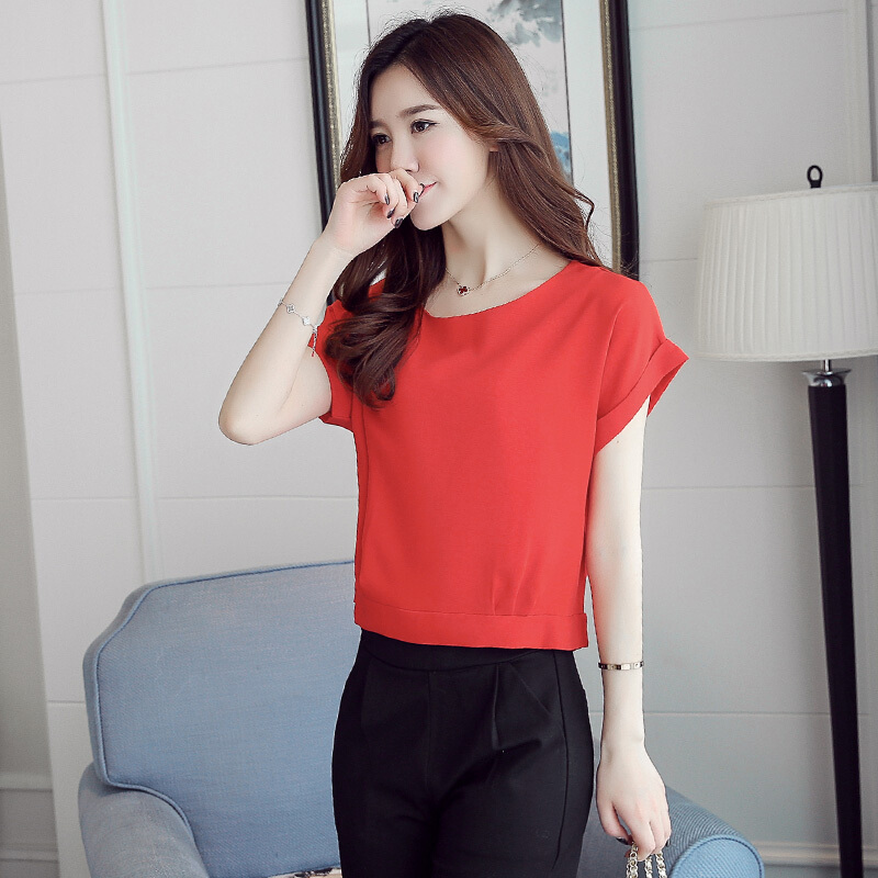 雪纺上衣短款宽松夏短袖遮肚子显瘦气质女装收腰短装t恤衫女高腰