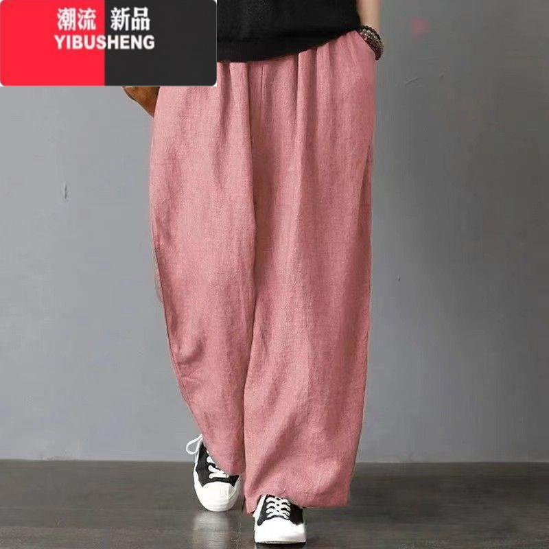 YIBUSHENG80-300斤春秋老爹妈妈棉麻休闲裤女复古禅意纯色范阔腿裤大码高清大图