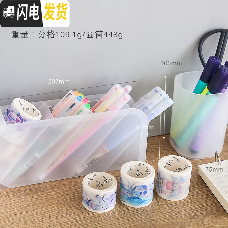 三维工匠三年二班斜插式透明磨砂桌面笔筒办公室女收纳盒笔桶学生文具用品 圆筒白色2个高清大图