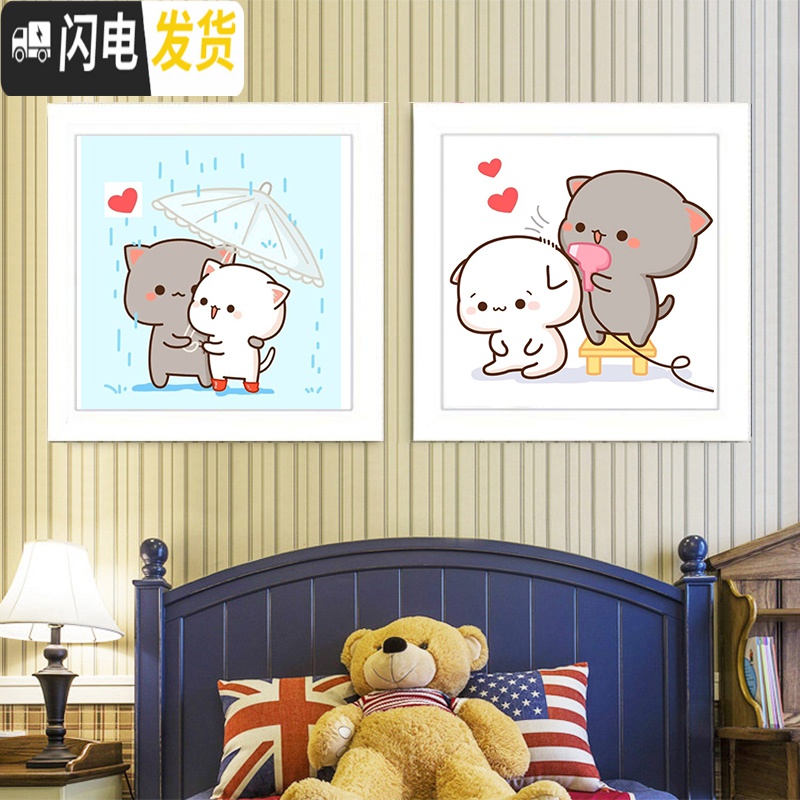 三维工匠十字绣2019新款简单小幅画可爱猫咪卡通情侣一对卧室学生新手线绣 [环抱]+白色框架高清大图