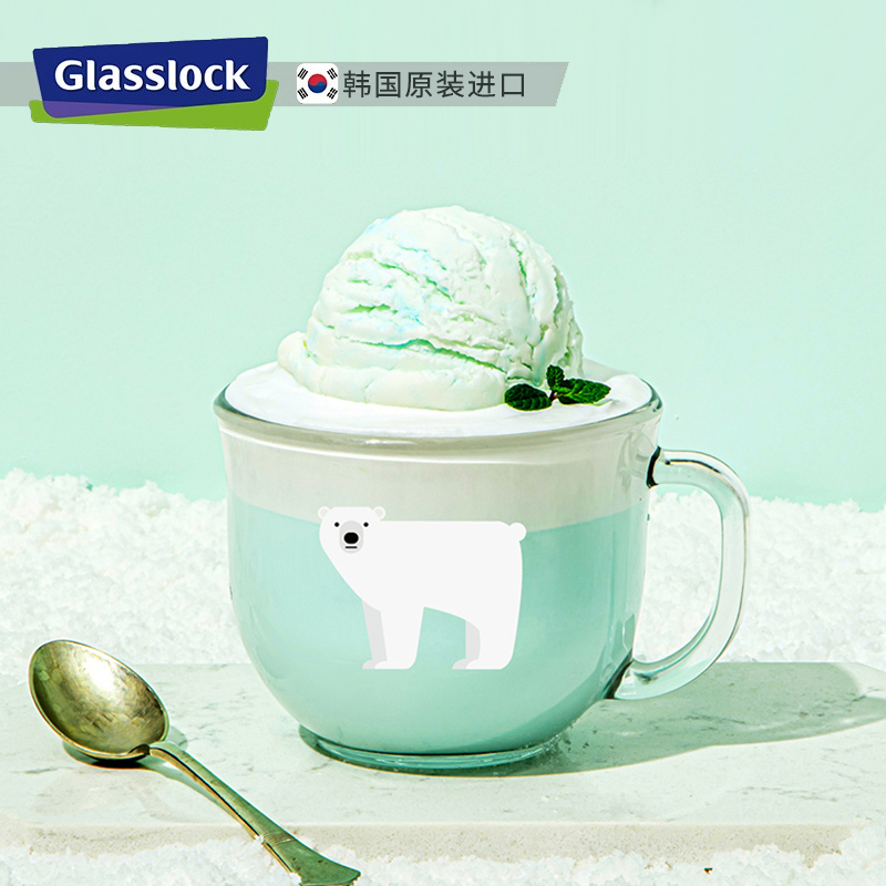 Glasslock韩国进口玻璃水杯可爱卡通图案马克杯带把手透明杯子办公室果汁杯冷水杯350ml