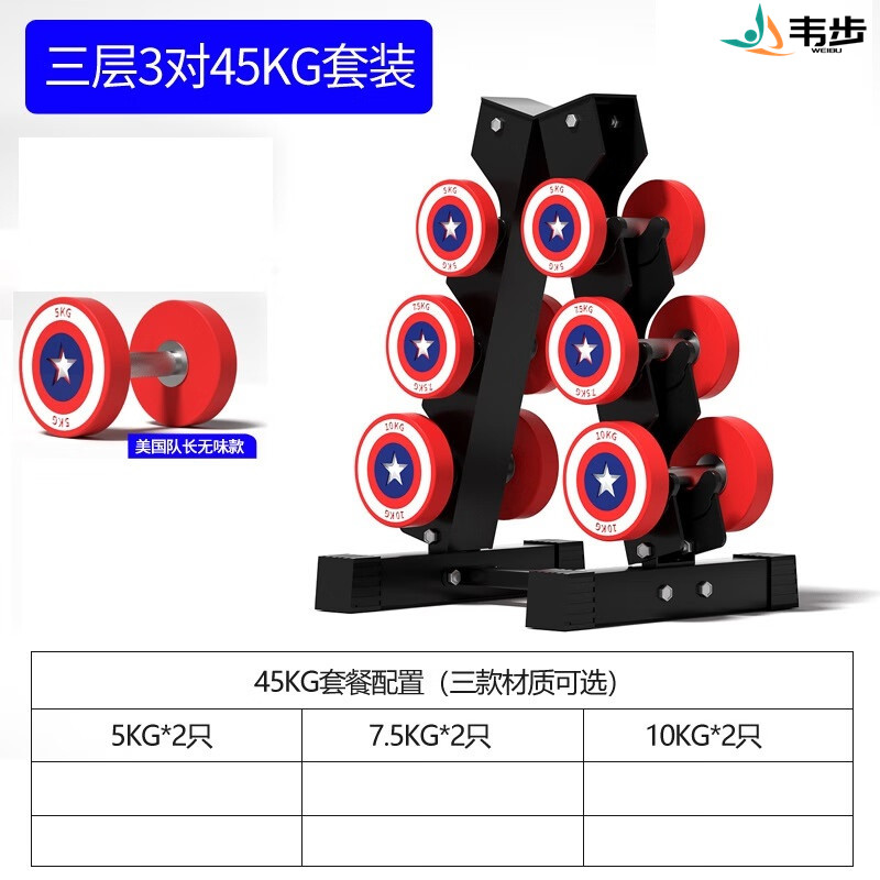 韦步美国队长哑铃商用健身房私教专用PU包胶固定美队哑铃套装 45公斤哑铃套装（三对哑铃架）