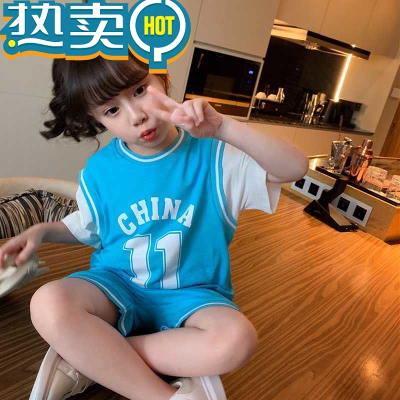 绿彩虹光儿童运动套装2023新款女童夏装洋气短袖T恤短裤两件套女孩球队服