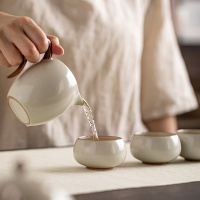 金镶玉 仿宋汝窑茶具套装 家用整套陶瓷西施壶泡茶功夫茶具送礼礼盒装 秋露米黄汝窑茶具套装 10头