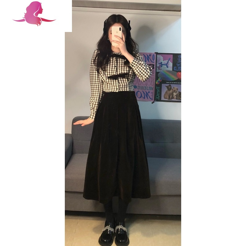 艳如飞法式乖巧女~气质蝴蝶结格子衬衣+丝绒高腰中长款半身裙女衬衫